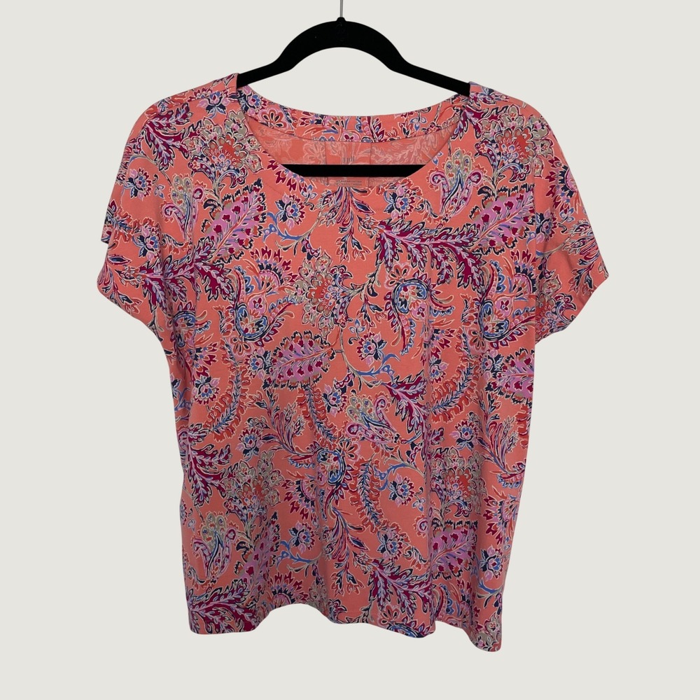J Jill Luxe Supima Tee Small Petite Coral Paisley Scoop Neck Short Sleeve Top